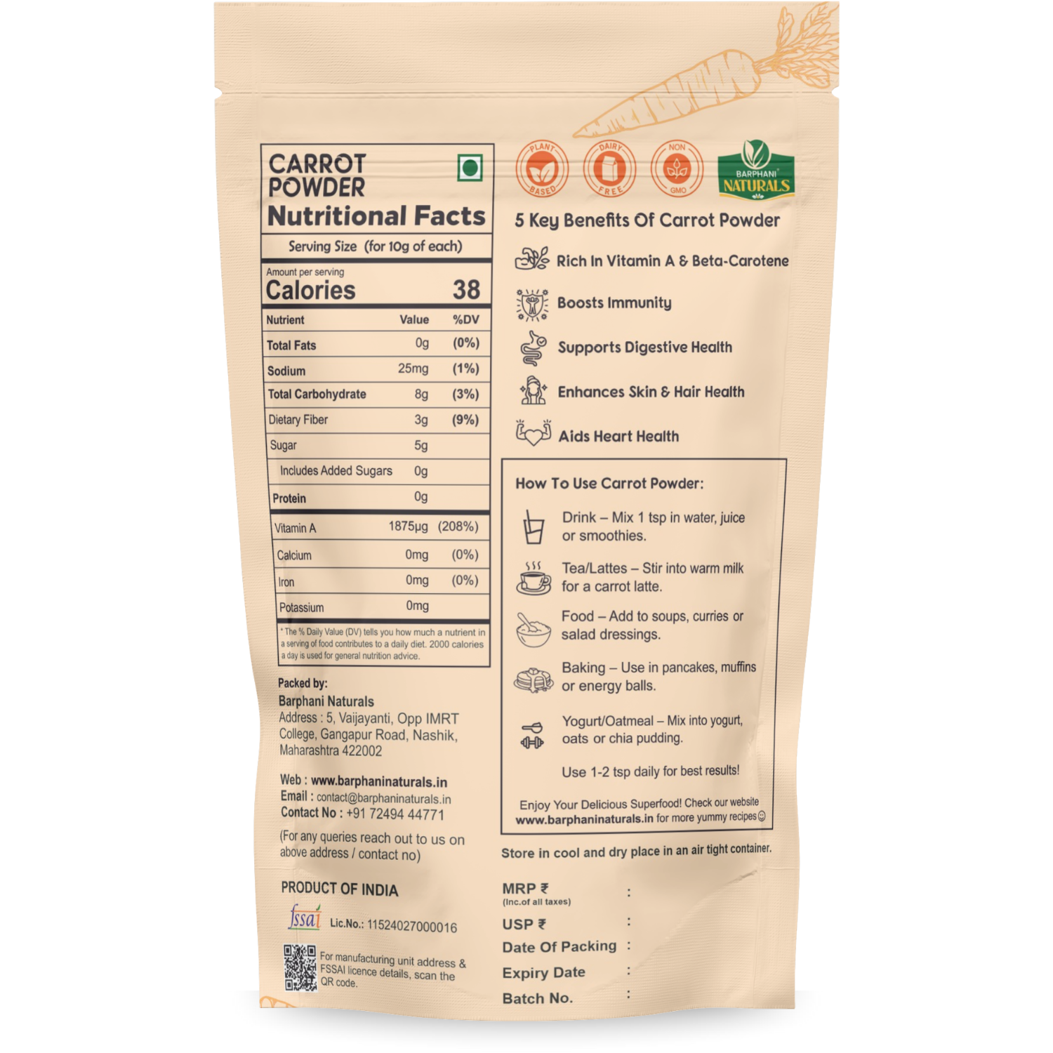 Carrot Powder, 100% Pure and Fresh, No Preservatives, No Artificial Co ...